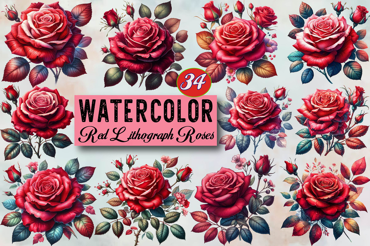 Red Lithograph Roses Sublimation Cli, an Illustration by SVGArt