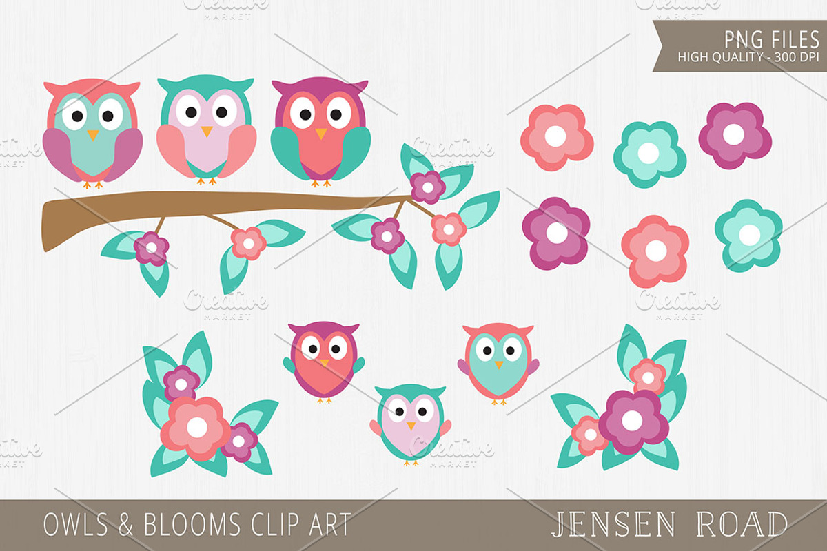 Owls & Blooms Clip Art, an Illustration by Jensen Road