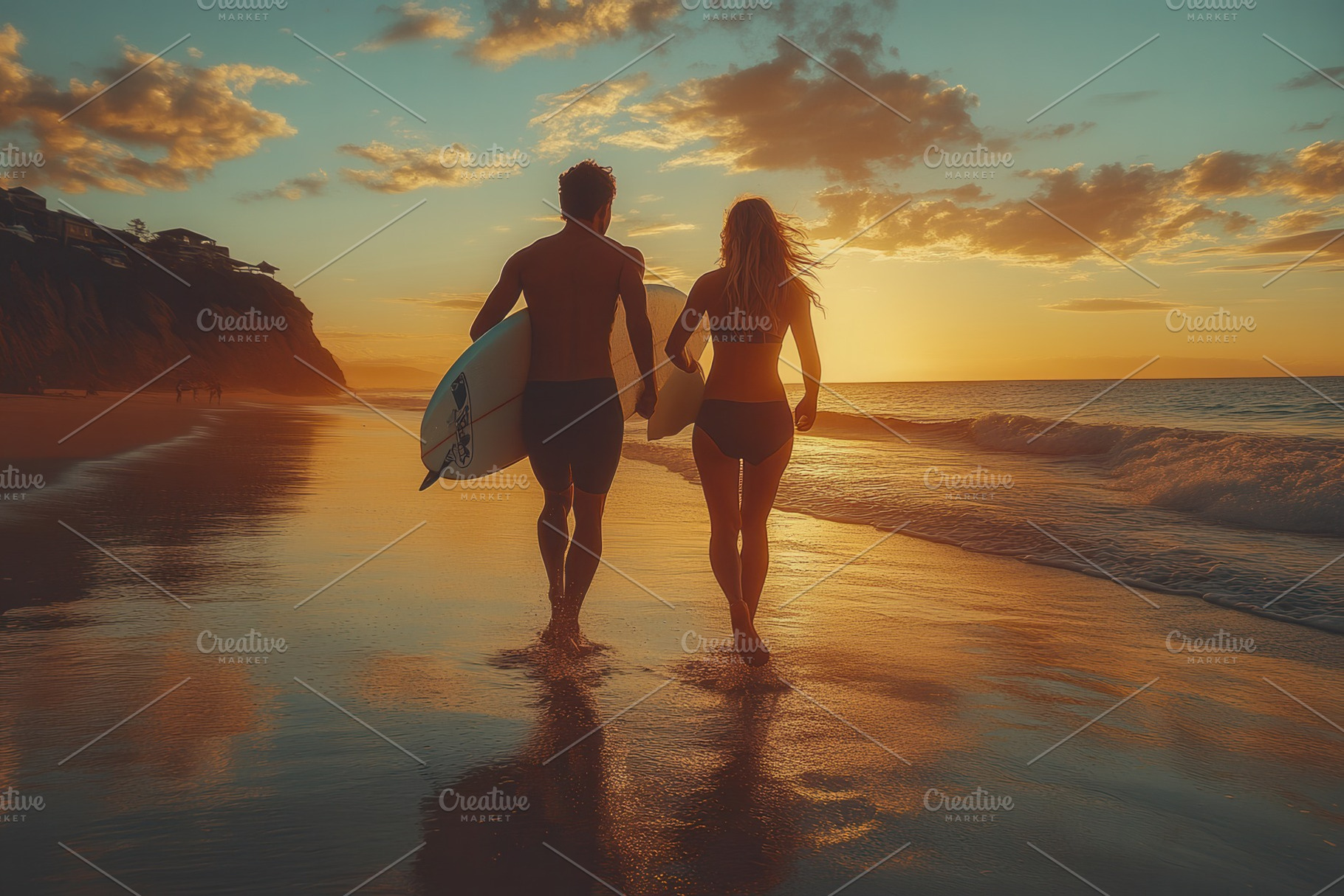 Surfers walk hand in hand along the, a Photo by Tanuart