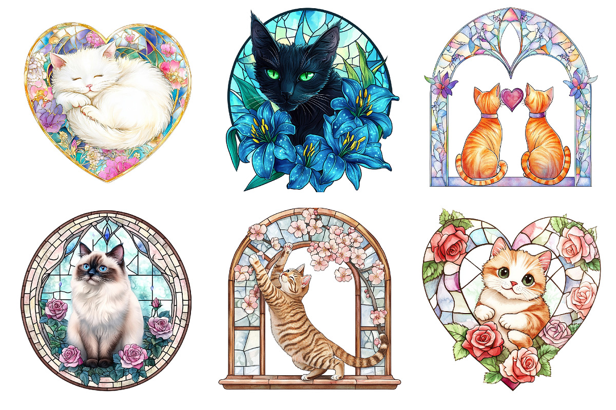 Cat Floral Stained Glass Clipart, an Illustration by DreamArtGraphic (Photo 3 of 4)