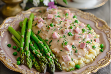 Creamy pasta with ham and asparagus, a Food & Drink Photo by Ylivdesign