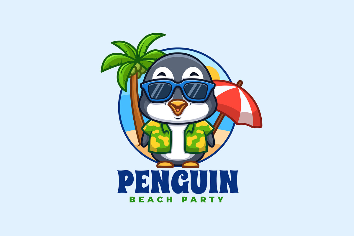 Penguin Beach Cartoon Mascot Logo, a Branding & Logo Template by Gumrega Studio