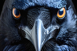 Raven head close portrait with vivid glowing orange eyes, an Animal Photo by GoodGoods