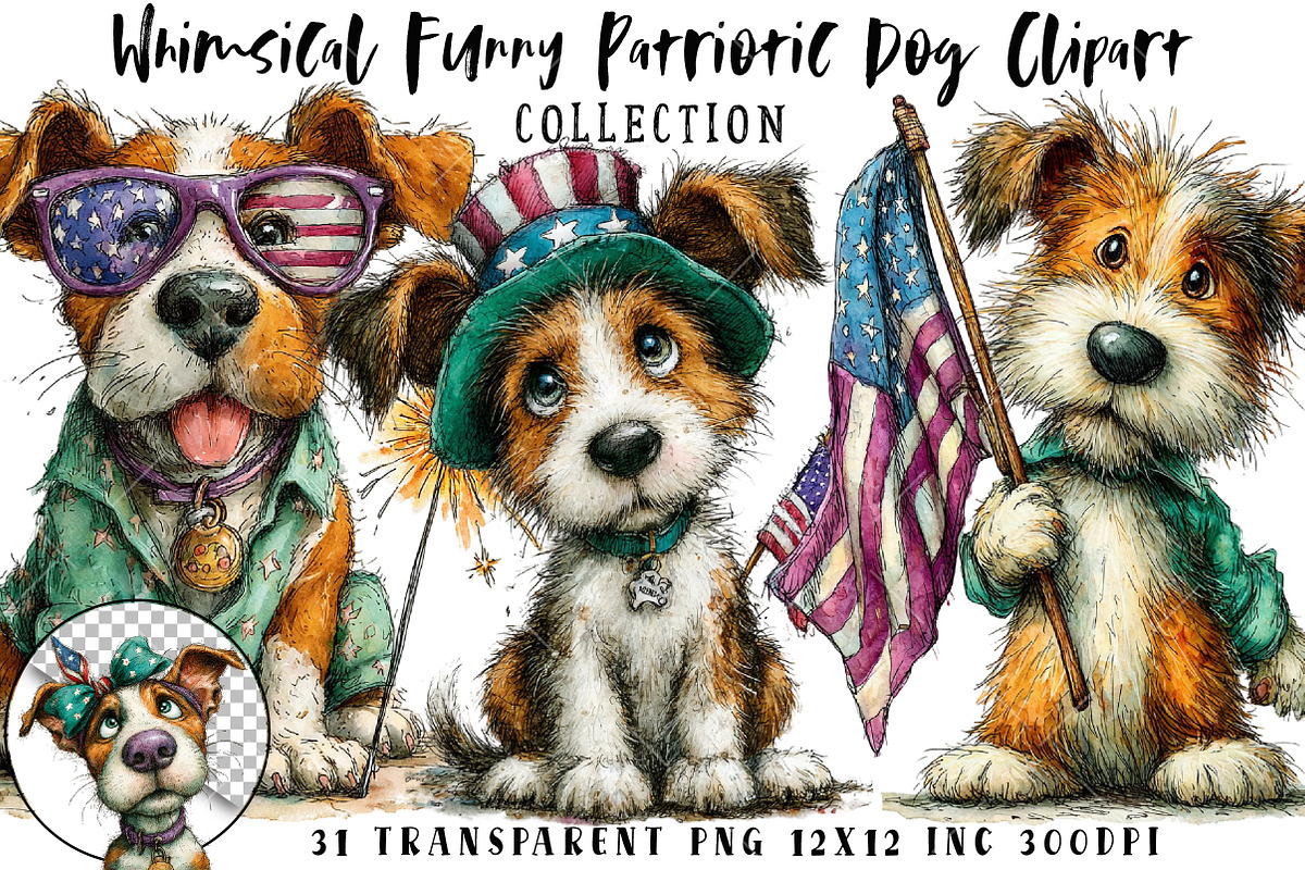 Whimsical Funny Patriotic Dog Clipar, an Illustration by OK Design (Photo 1 of 6)