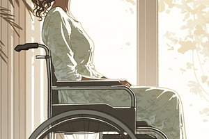 Woman in a wheelchair sitting in a sunlight-filled room by a window, a Photo by AS photostudio