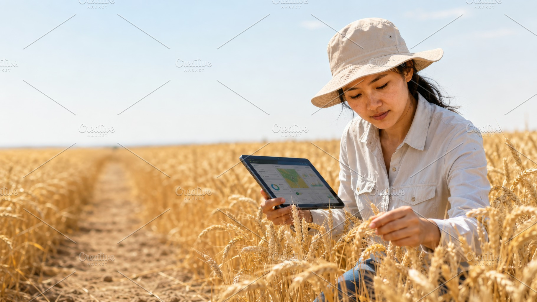 Asian woman examining wheat in sunny, a Photo by Dvoevnore photos