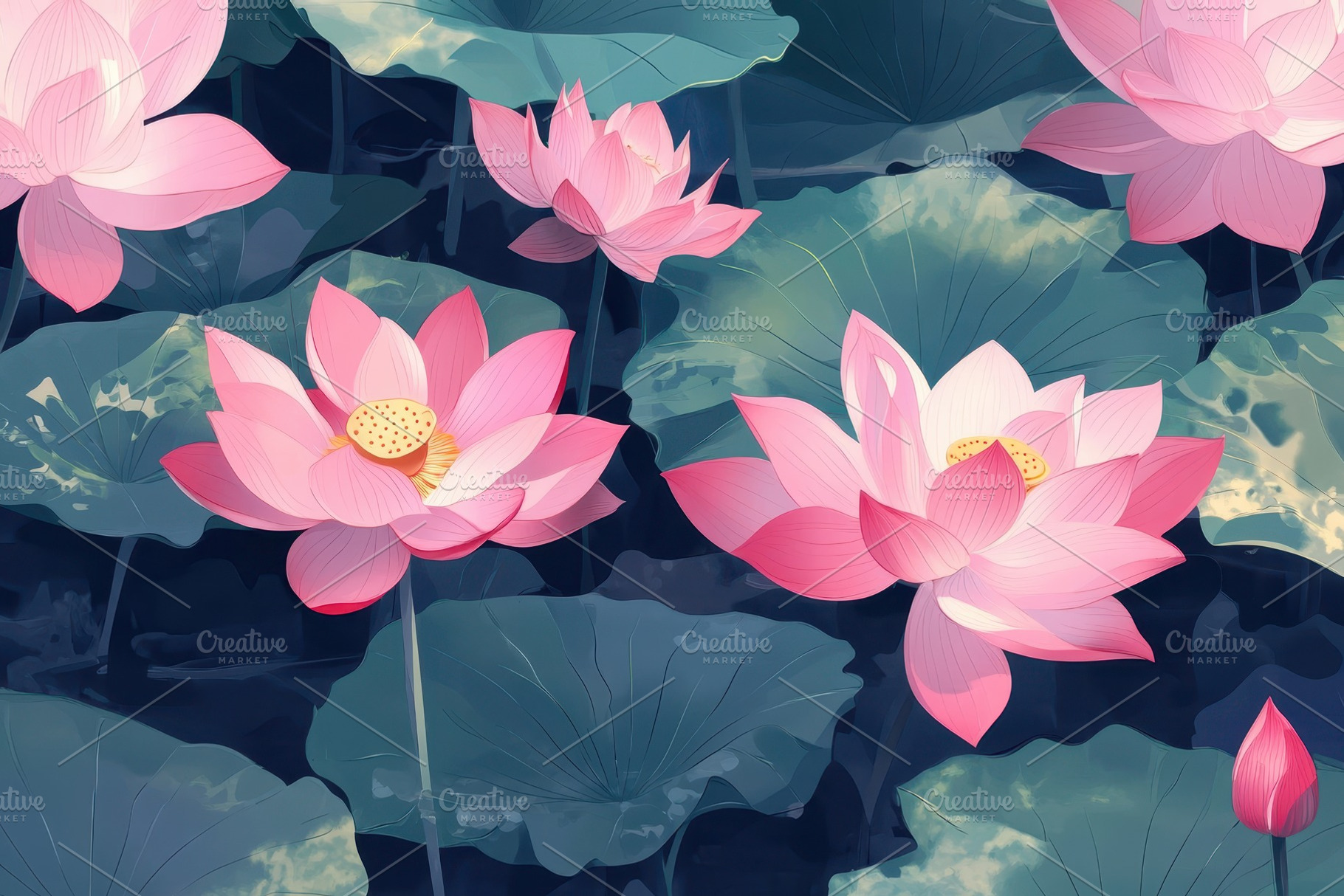 Vibrant pink lotus flowers seamless, a Photo by Iftikhar Alam