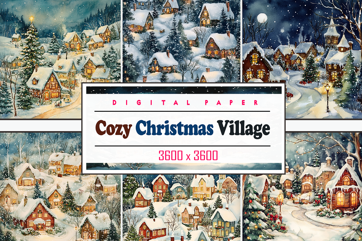 Watercolor Cozy Christmas Village, a Background Graphic by Printable Treasure (Photo 1 of 9)