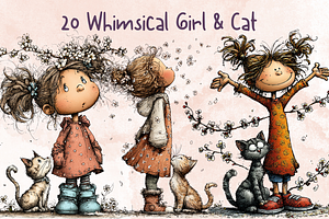 Whimsical Floral Girl & Kitten, an Animal Illustration by GiraffeCreative
