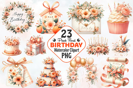 Peach Floral Birthday Watercolor PNG
