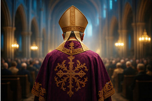 A bishop in ornate vestments stands, an Illustration by Sergey Kotenev