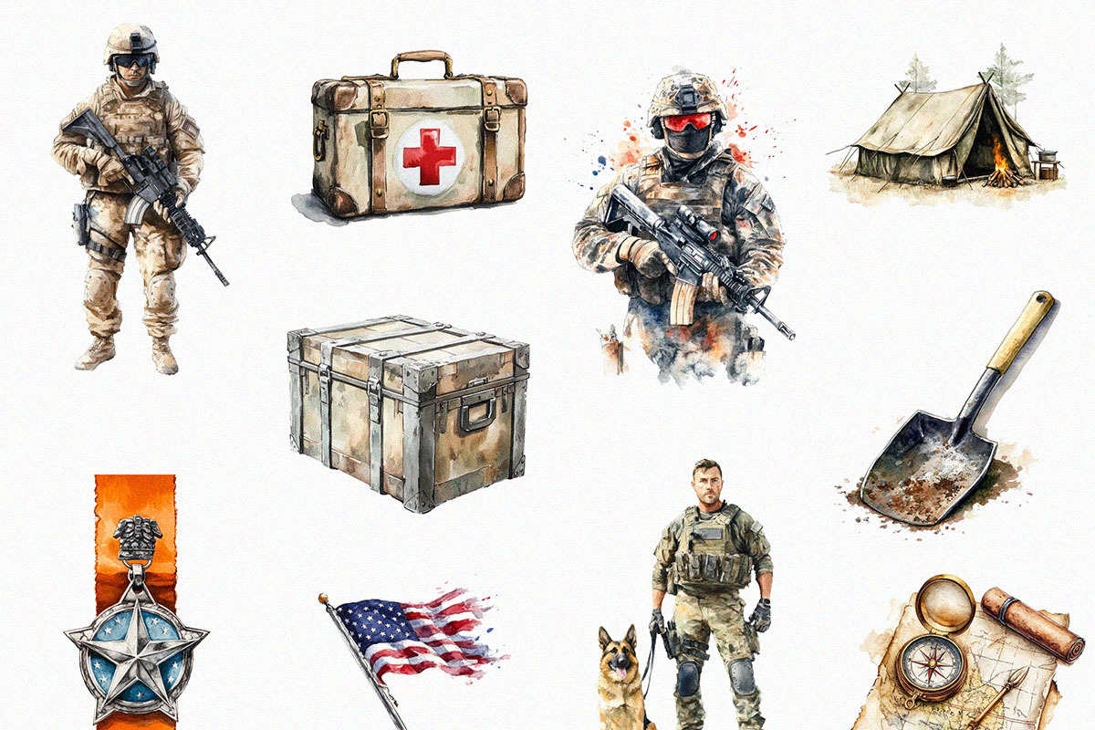 Watercolor Military Clipart (PNG), an Object Illustration by DesignBTF (Photo 3 of 6)