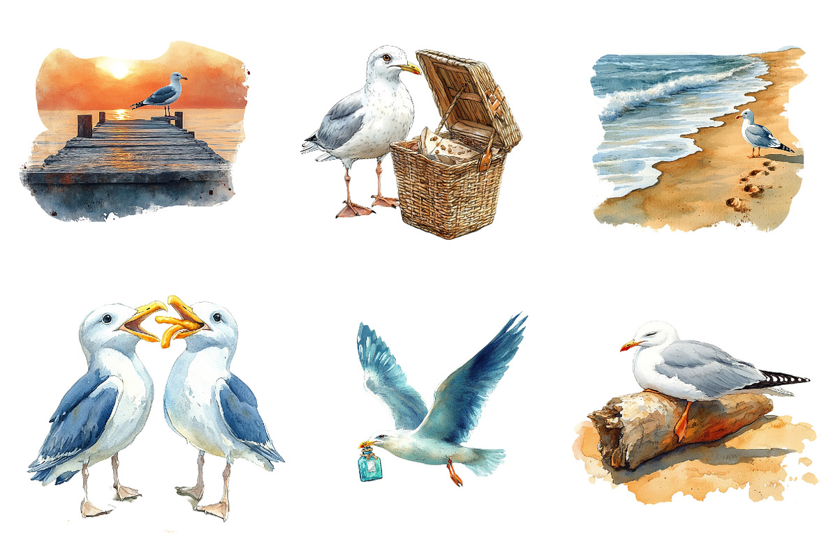 Watercolor Summer Seagulls Clipart, an Illustration by CreationArt (Photo 5 of 5)