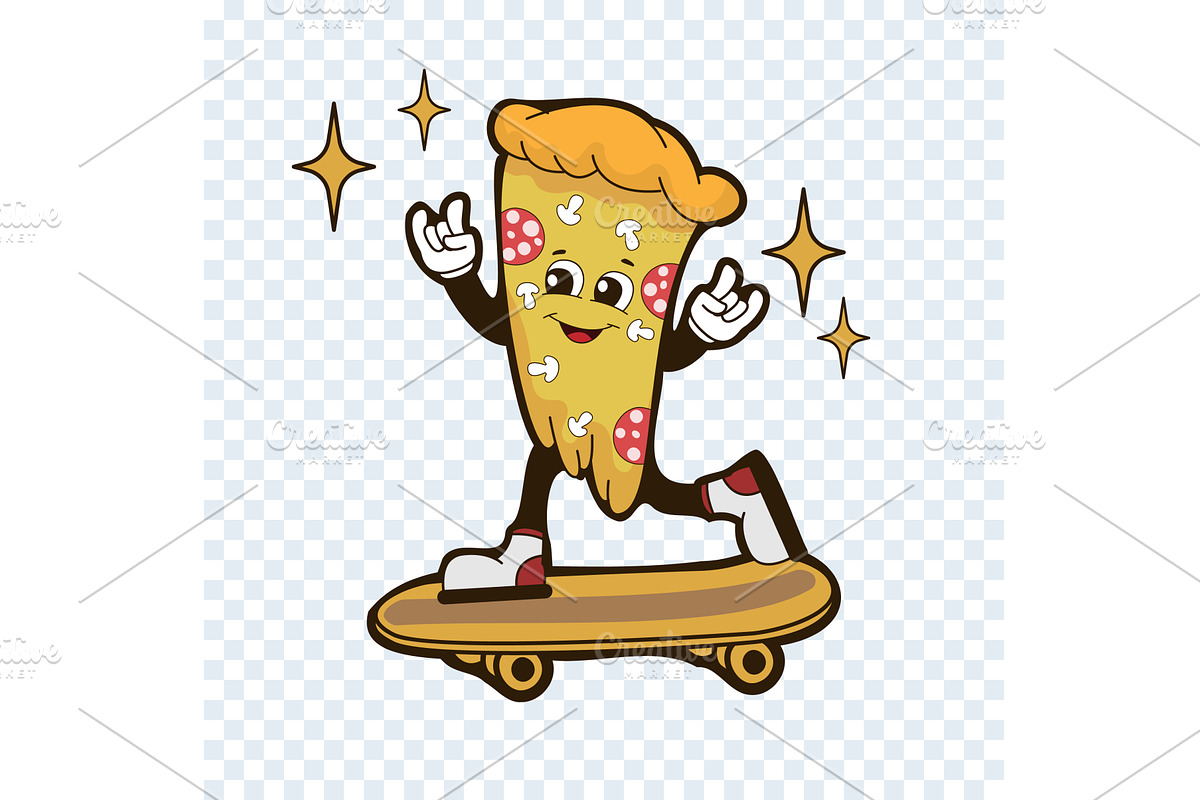 Delicious pizza slice skateboarding., an Illustration by Vector graphics
