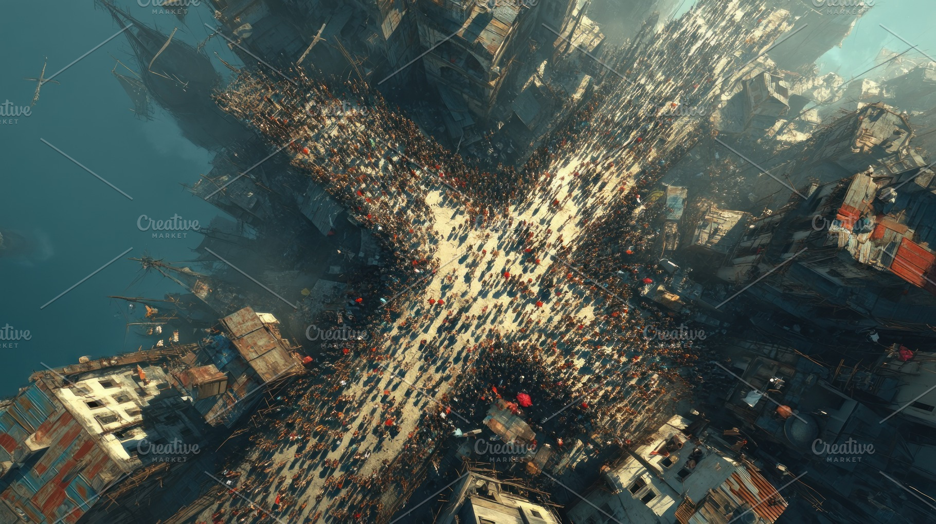 Massive crowd forming cross shape in decaying city from aerial v, a Person Photo by José Manuel Gelpi