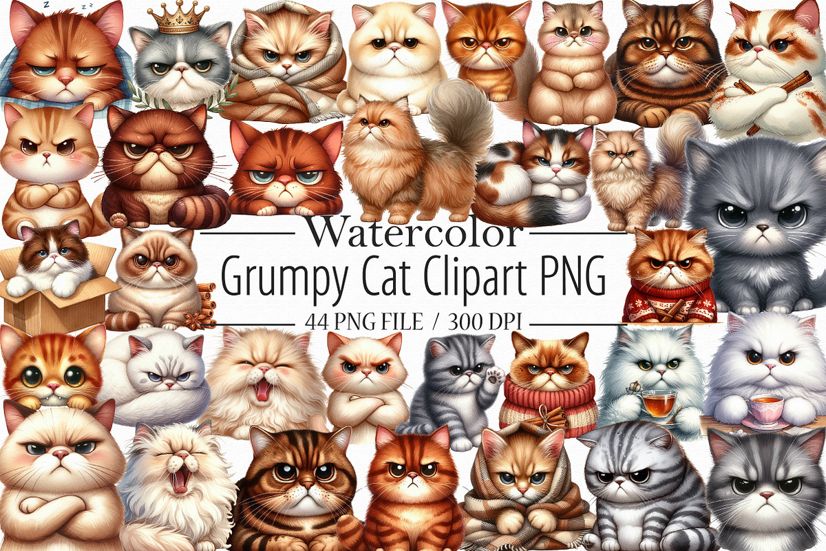 Cute Grumpy Cat Clipart PNG, an Illustration by Libby Wishes (Photo 1 of 6)