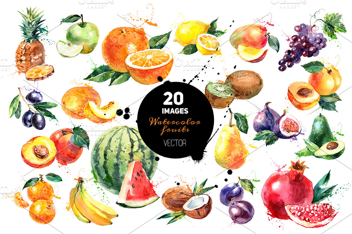 20 Watercolor Fruits Vector, a Food Illustration by Elena Pimonova (Photo 1 of 5)