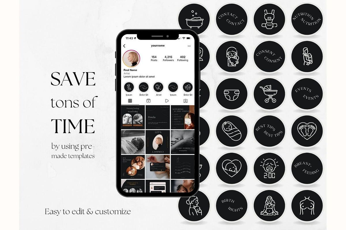 75 Doula Istagram Highlights Dark, a Social Media Template by PatternLab. (Photo 3 of 9)