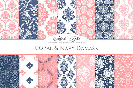"28 Coral & Navy Damask Digital Paper", a Pattern Graphic by Avenie Digital