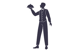 Silhouette of waiter holding tray of, a Food Illustration by Vectorbuum