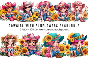 Cowgirl with Sunflowers PNG Clipart, a Graphic by Clipart Bloom