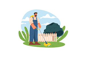 Gardener mowing grass flat vector, an Illustration by Elegant Solution