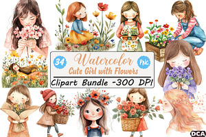 Cute Girl with Flowers Clipart, an Illustration by DreamCafeArt