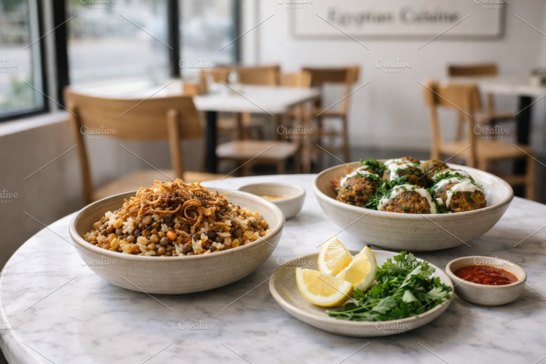 Egyptian cuisine featuring bowls of, a Photo by Dvoevnore photos