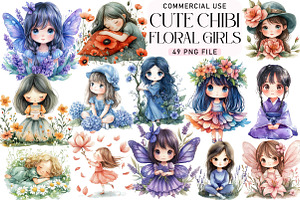 Cute Chibi Floral Girls Clipart, an Illustration by Daily.Designs