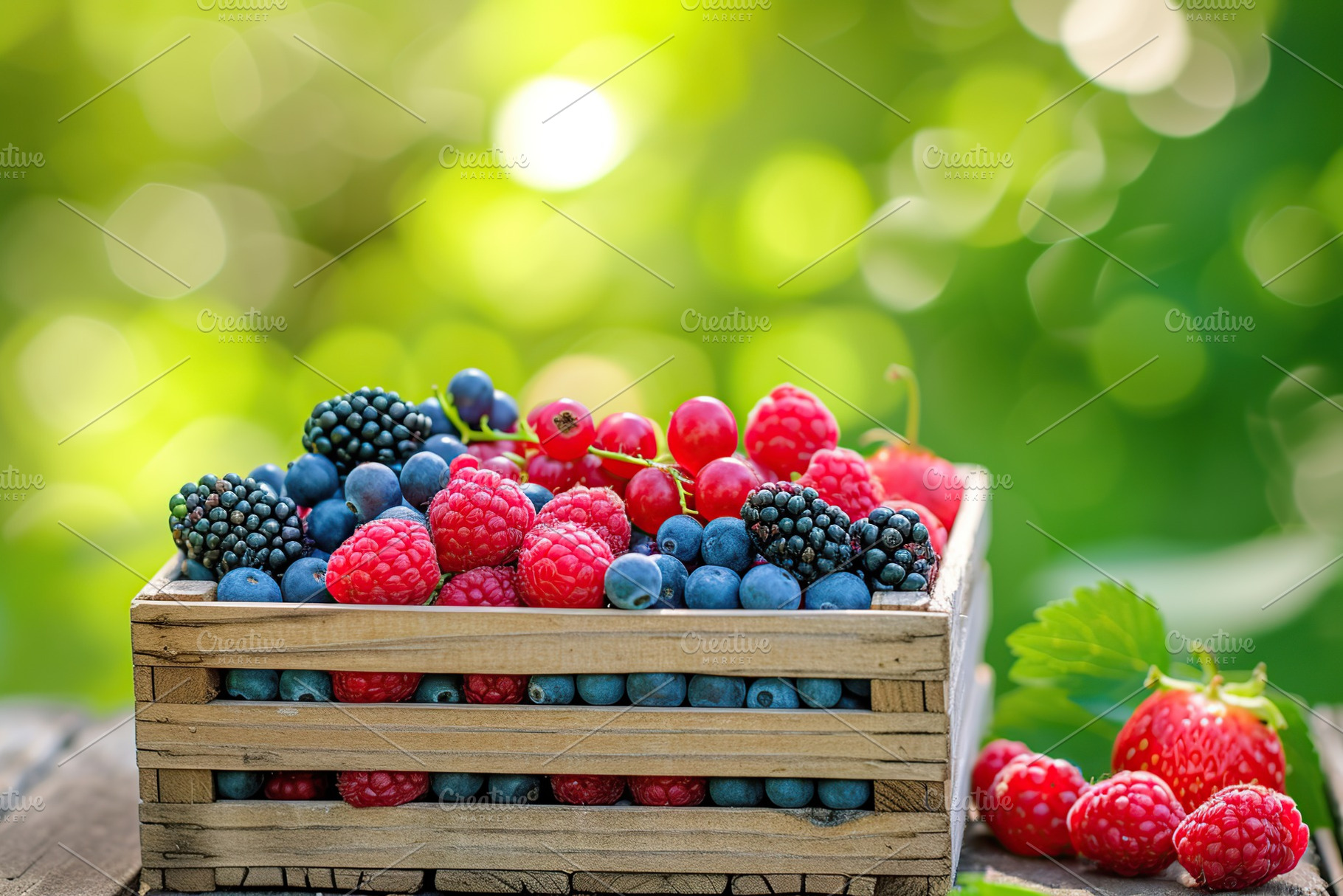 Fresh ripe berries in wooden crate on blurred green background, a Food & Drink Photo by AlyaAnd