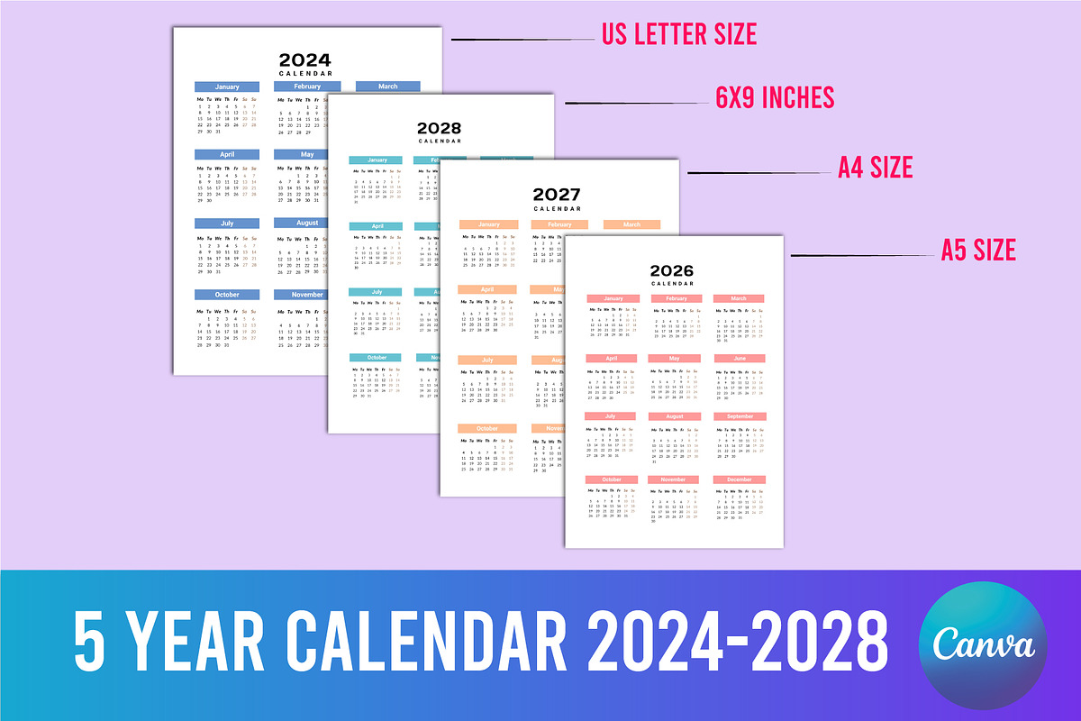 5 Year Calendar 2024-2028 For Canva, a Stationery Template by Shumaya (Photo 1 of 5)