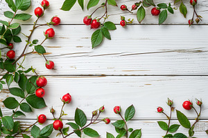 Red rose hip berries with copyspace on wooden background, a Food & Drink Photo by AlyaAnd