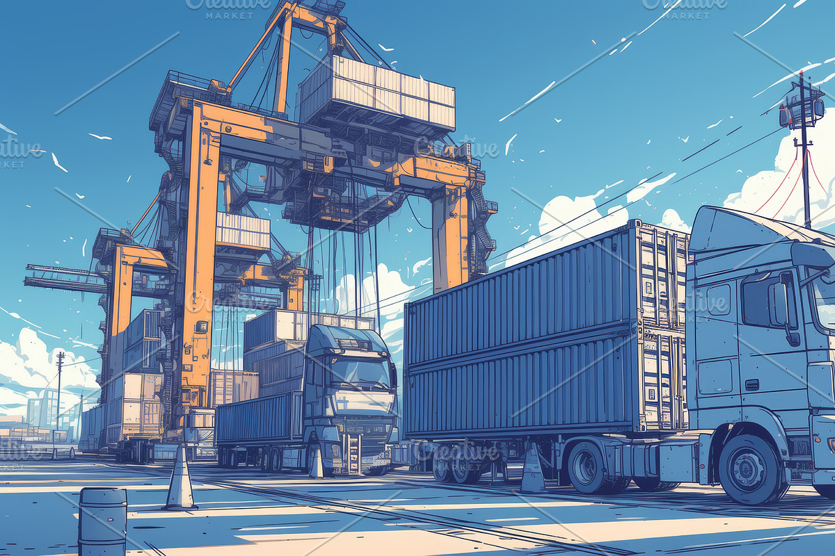 Large transportation trucks near cargo cranes in a bustling harbor setting, an Illustration by AS photostudio