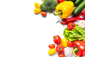Fresh organic vegetables on white background with copy space, a Food & Drink Photo by Olena Rudo