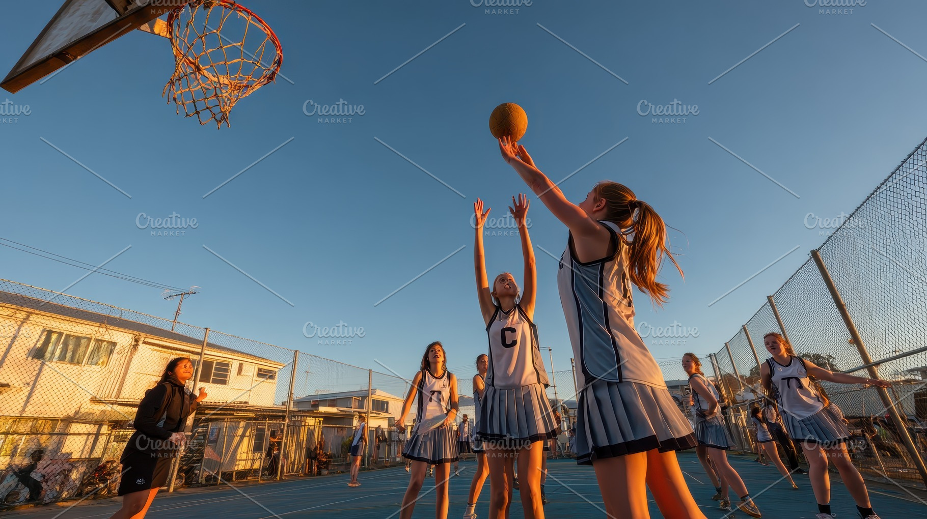 Girls Netball Game Sunset Goal, a Photo by Pixeness Studio