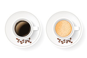 Top View Of Two Realistic Cups On Saucers With Coffee Beans.