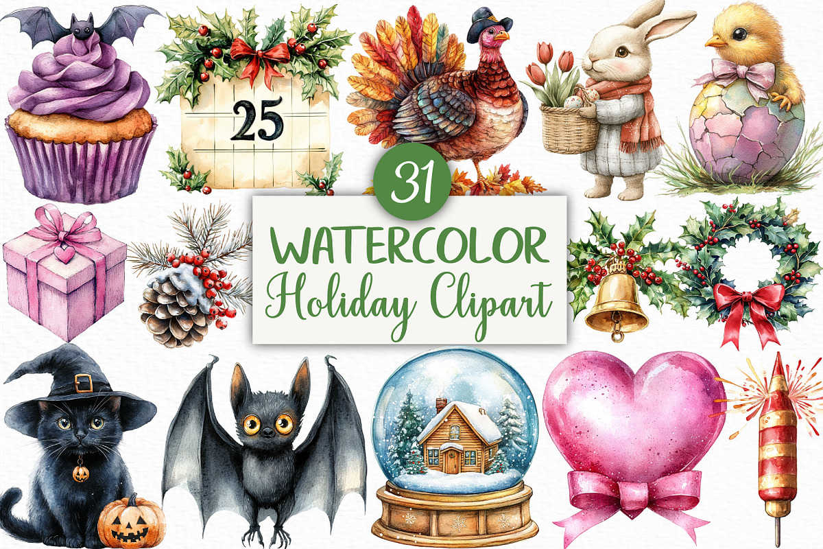 Watercolor Holiday Clipart Bundle, an Illustration by Craft Nest (Photo 1 of 6)