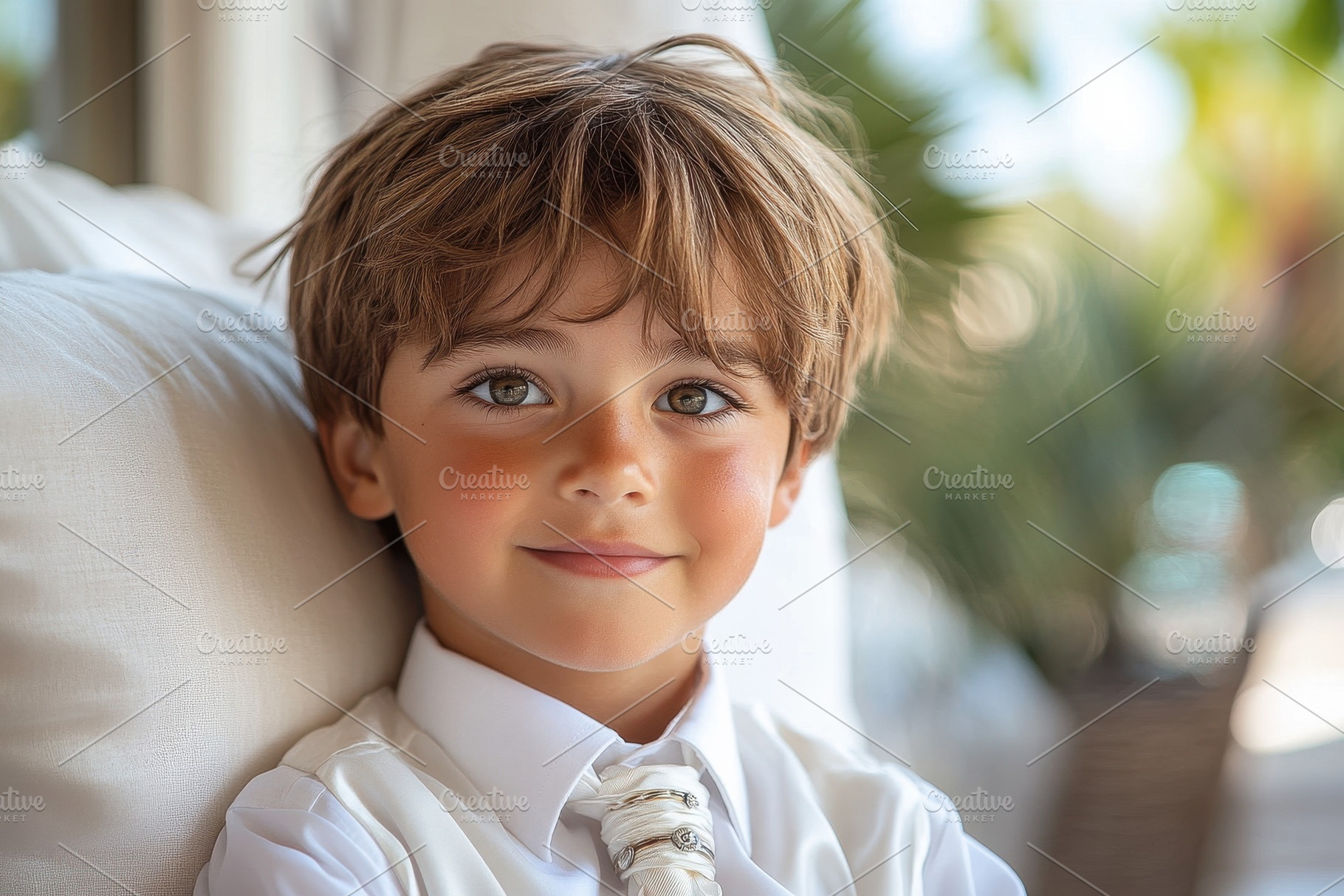 Young boy with charming smile dresse, a Photo by Tanuart