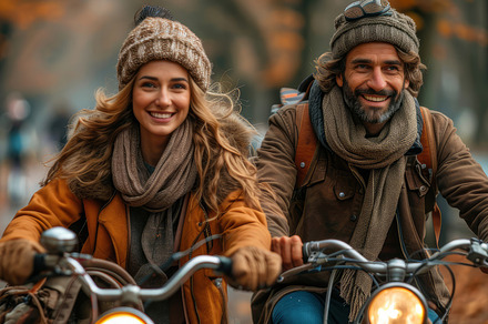 Happy Couple Enjoying a Bicycle Ride in a Picturesque Autumn Park, a Photo by AS photostudio