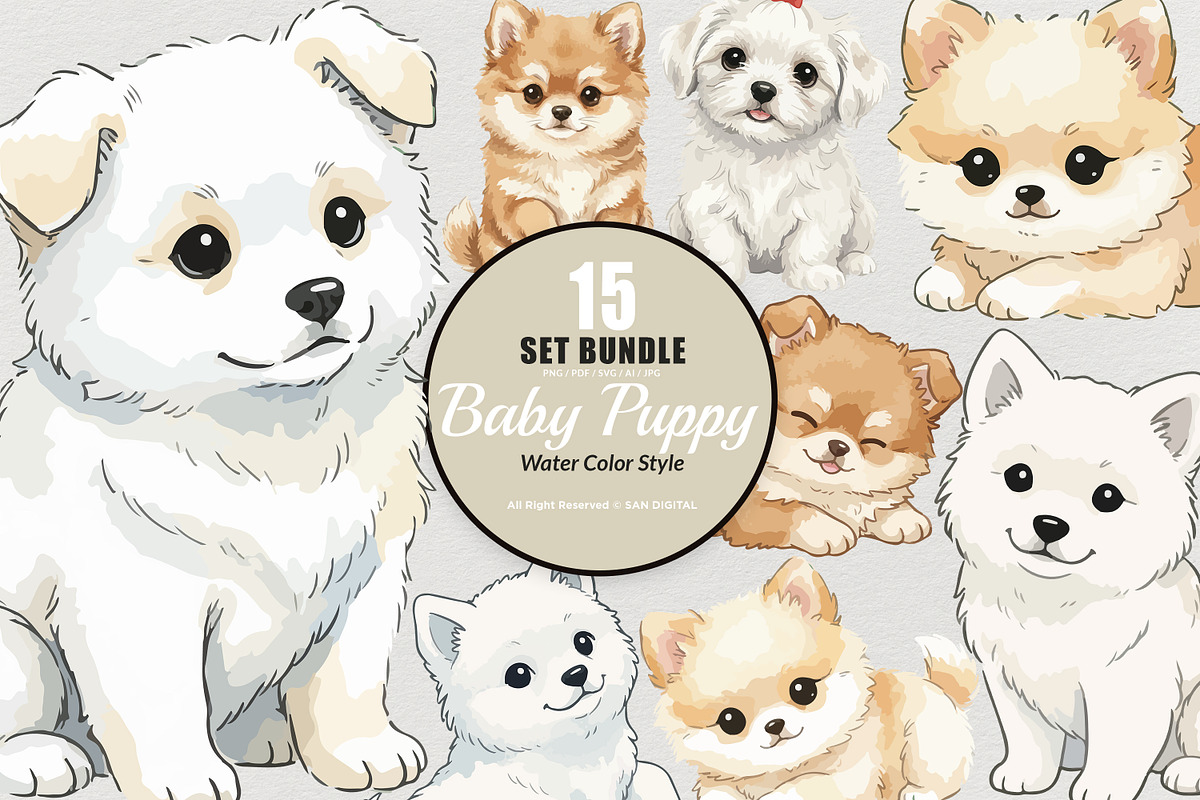 15 Bundle Watercolor Baby Puppy Dog, an Animal Illustration by Morspective (Photo 1 of 8)