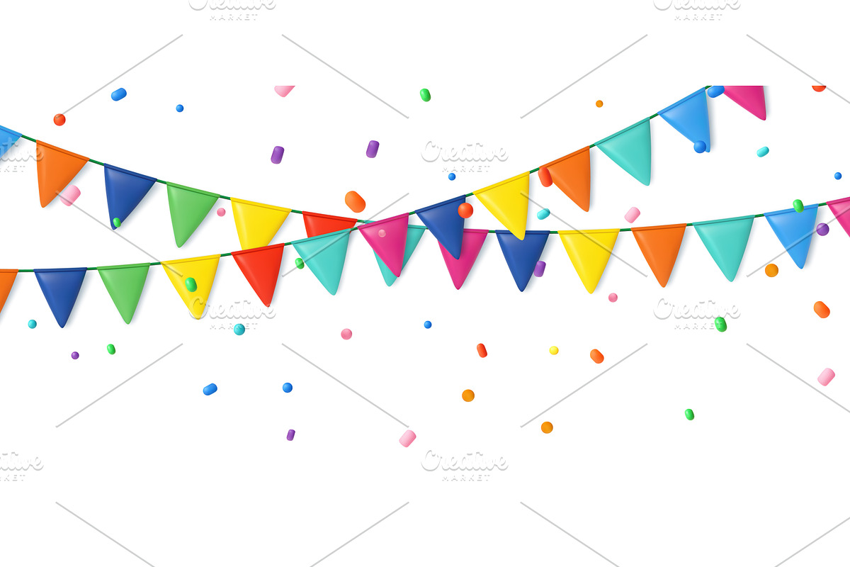 3D triangle flag party with confetti, an Object Illustration by ModVector