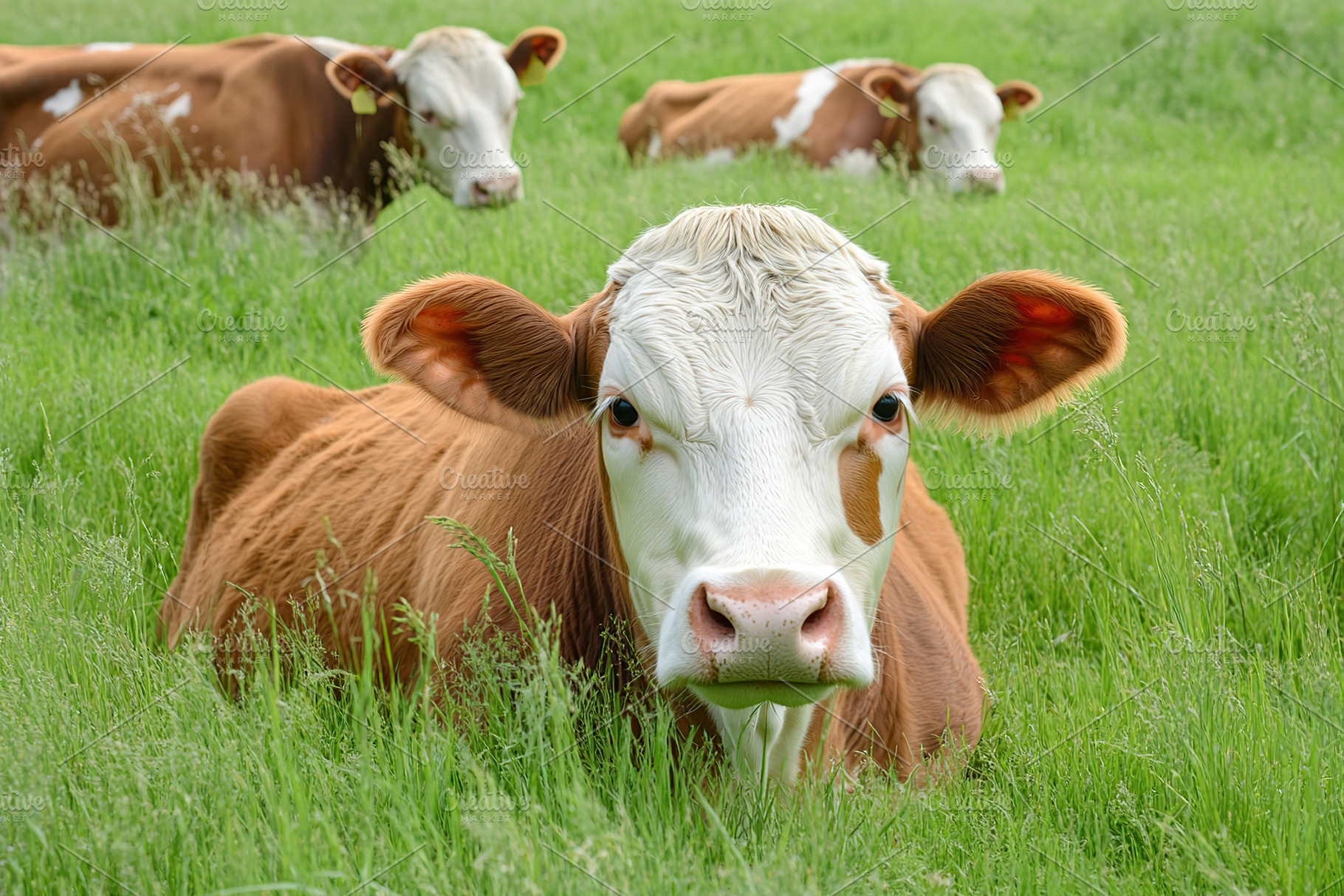 Cows on green field on a farm, an Animal Photo by AlyaAnd