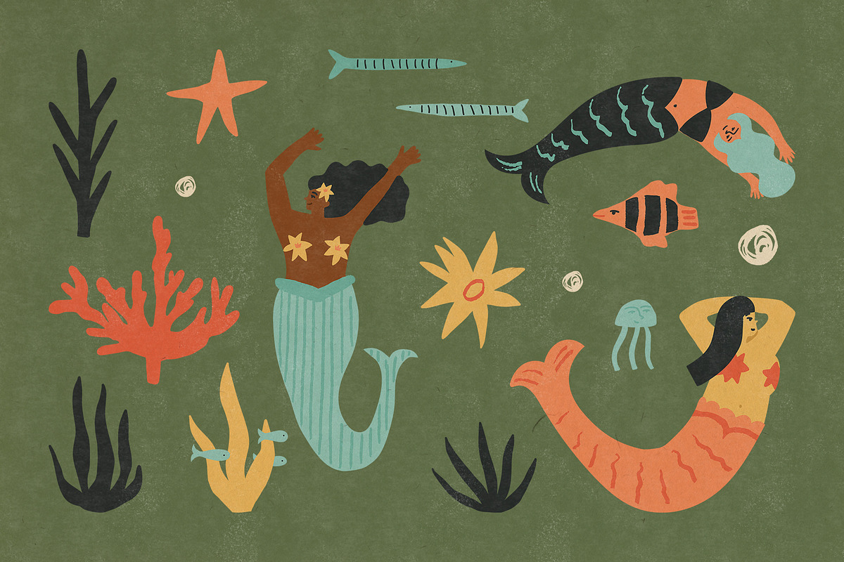 Retro Mermaids clipart and patterns, a Person Illustration by Paper Cherry (Photo 3 of 18)
