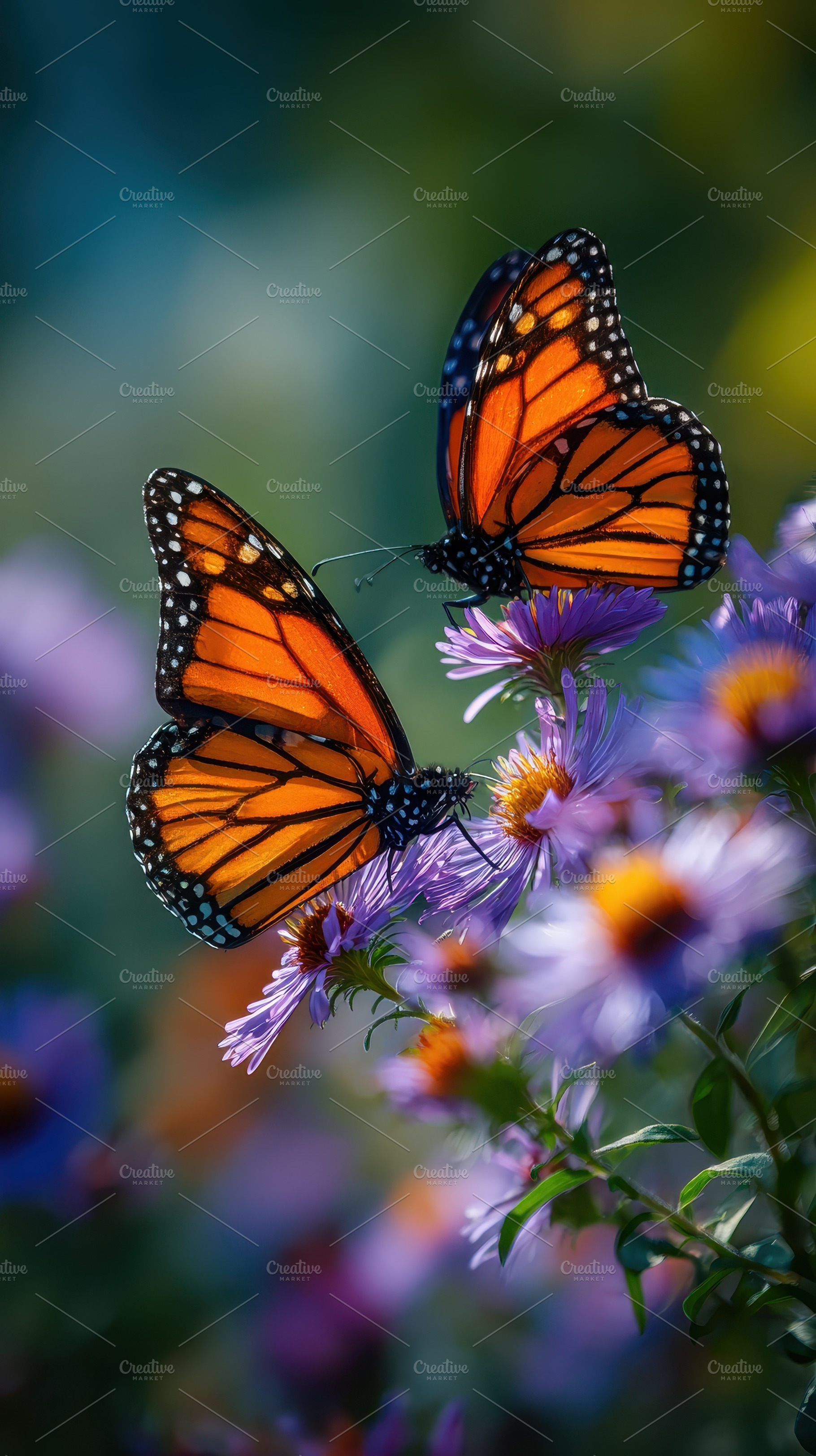 Two Monarch Butterflies on Purple Fl, a Photo by Pixeness Studio