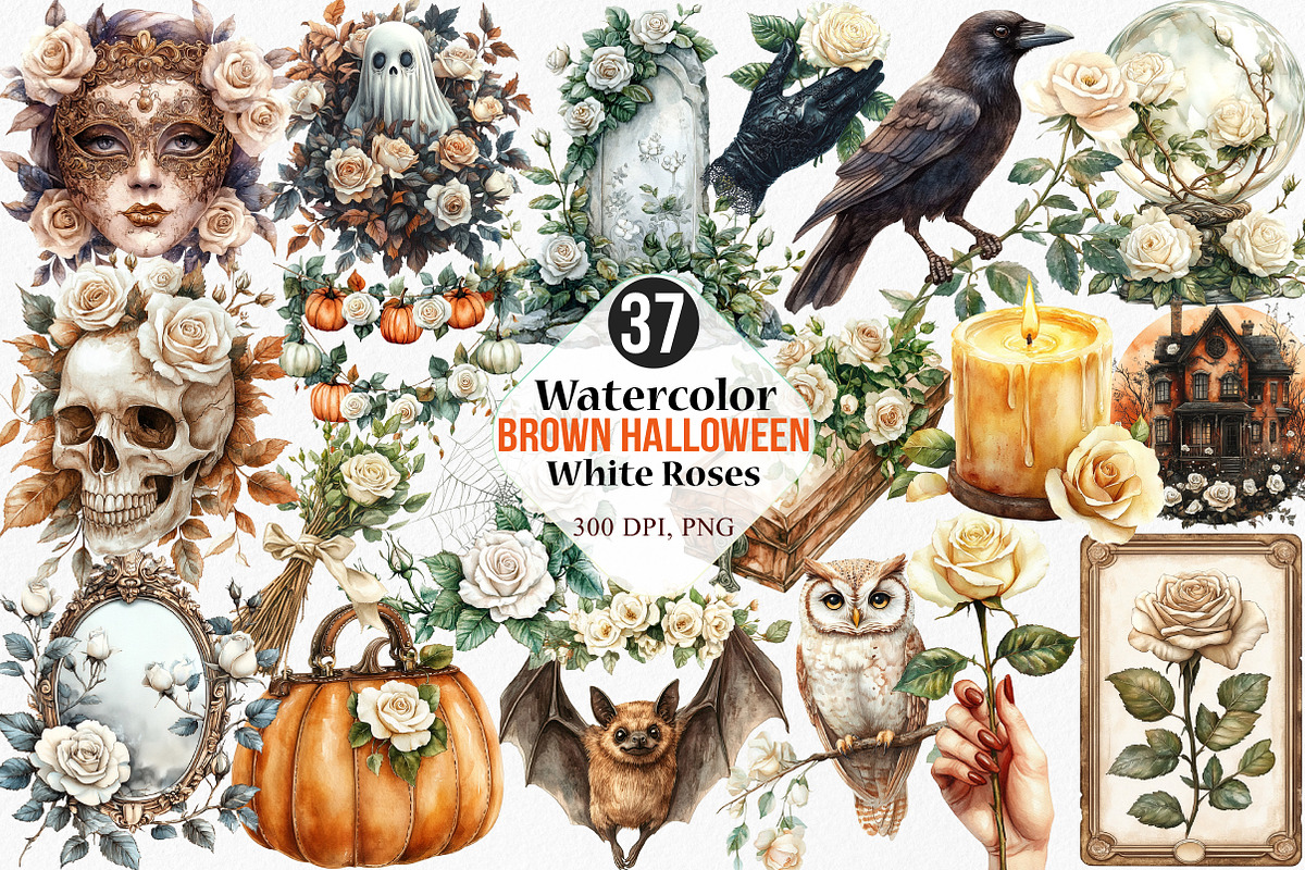 Brown Halloween White Roses Clipart, an Illustration by Canvas Craft (Photo 1 of 7)