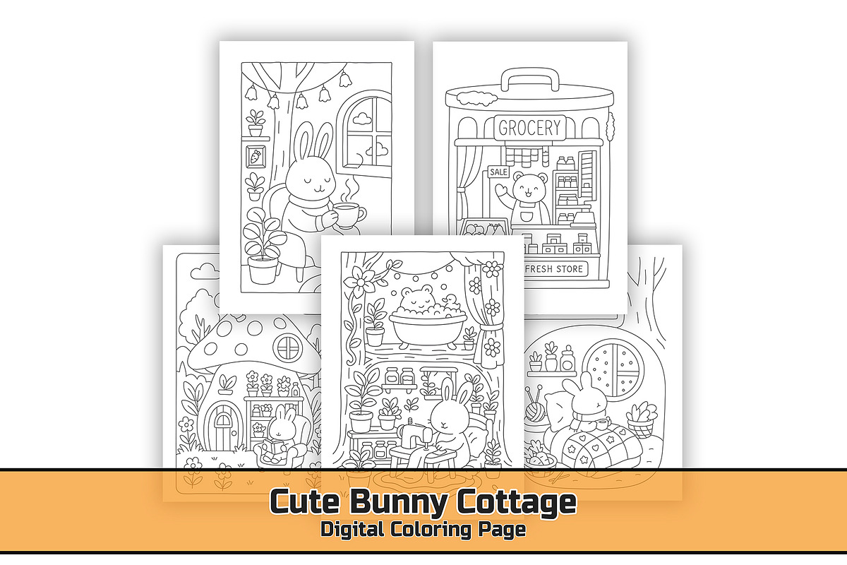 Cute Bunny Cottage Coloring Page, an Education Illustration by DesignDevisers (Photo 1 of 5)