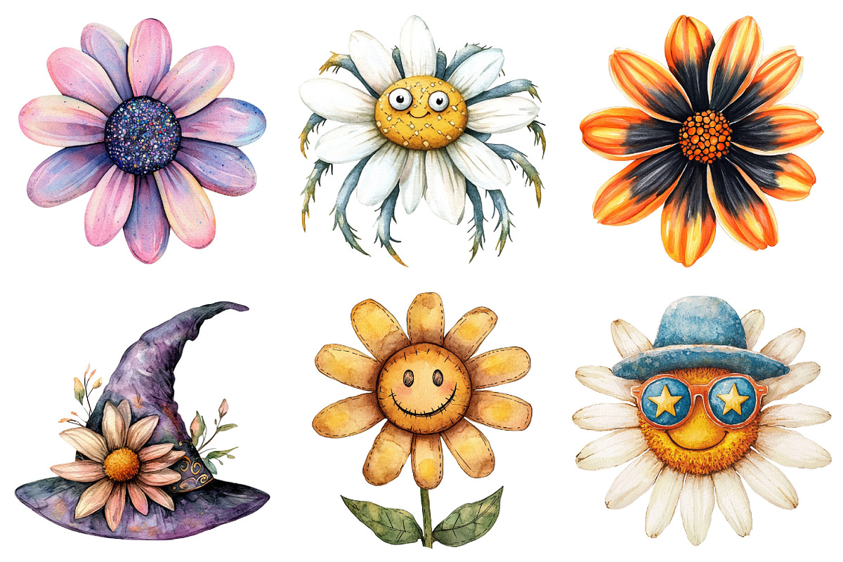 Watercolor Groovy Halloween Daisies, an Illustration by Daily.Designs (Photo 3 of 5)