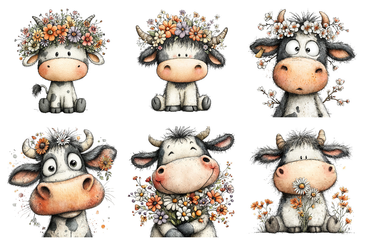 Whimsical Spring Cow Clipart, an Illustration by Design Market (Photo 2 of 4)