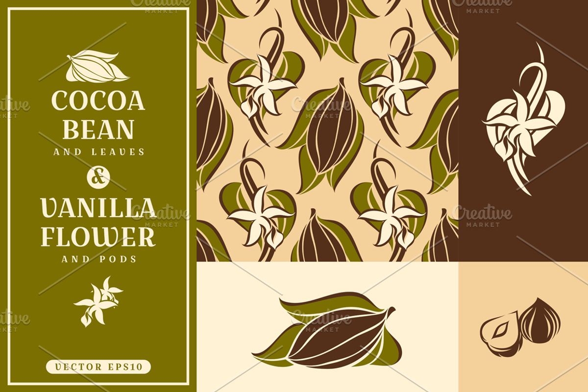Cocoa bean and vanilla flower, a Decorative Illustration by elena_andreeva