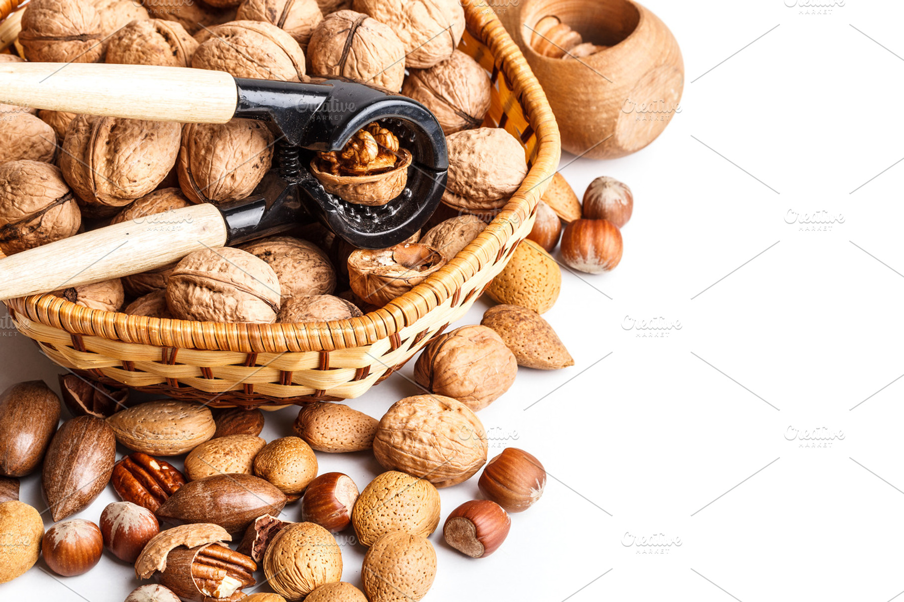 Mixed nuts containing almond, assortment, and basket